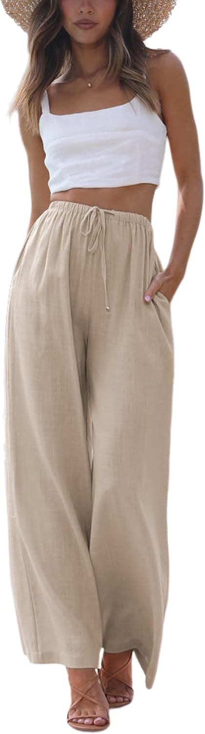 Women's Cotton Linen Summer Palazzo Pants Flowy Wide Leg Beach Trousers with Pockets Khaki main image