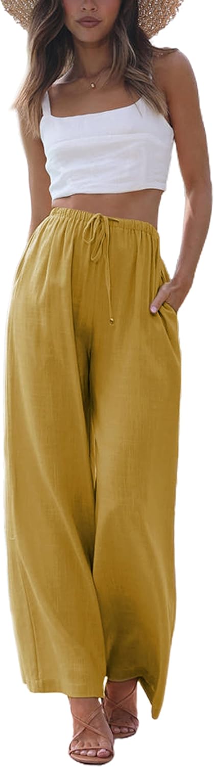 Women's Cotton Linen Summer Palazzo Pants Flowy Wide Leg Beach Trousers with Pockets Yellow