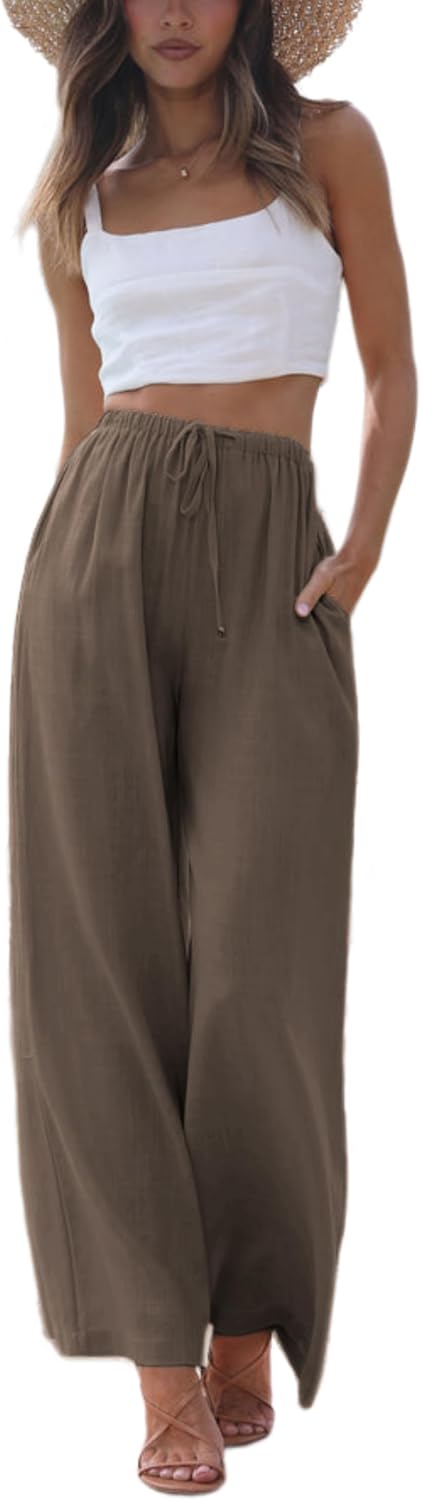 Women's Cotton Linen Summer Palazzo Pants Flowy Wide Leg Beach Trousers with Pockets Darkcoffee