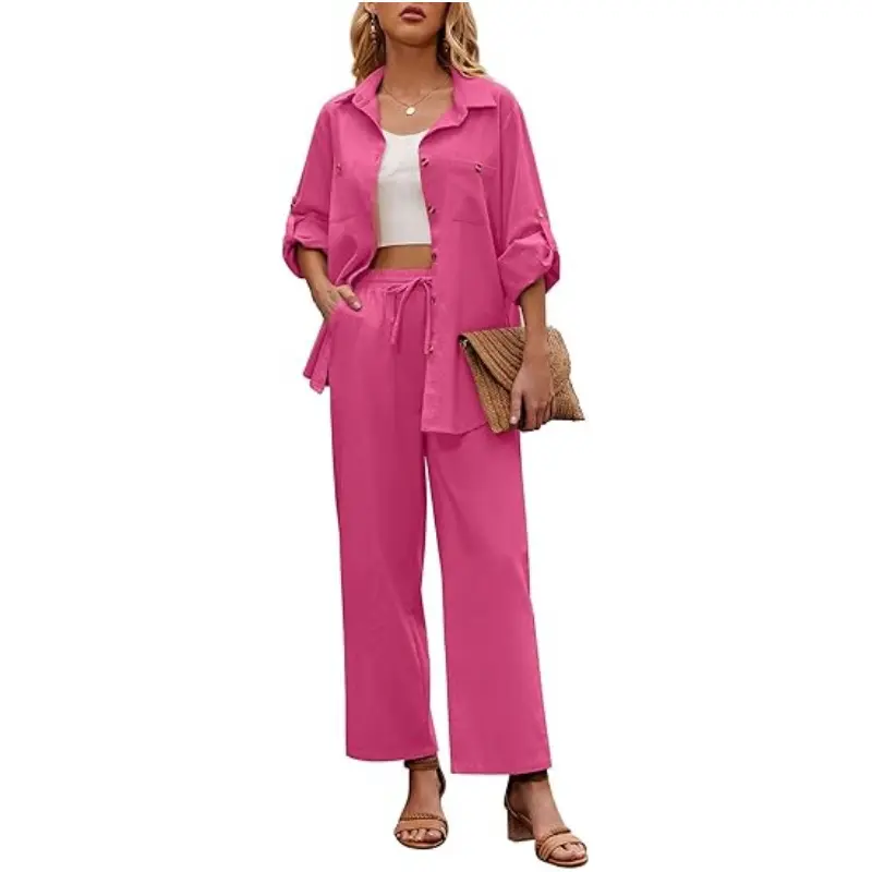 Women's Two-Piece Linen Sets Button-Down Shirt and Drawstring Long Pants Set Summer Outfits