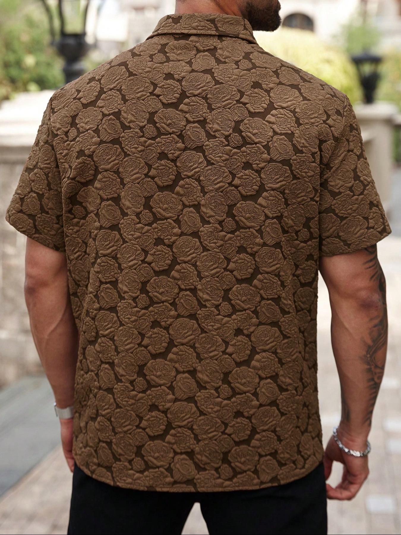 Men's Loose Rose Print Short Sleeve Shirt, Soft Comfy Button Front Collared Top for Summer, Men's Clothes for Daily Wear, Casual Menswear