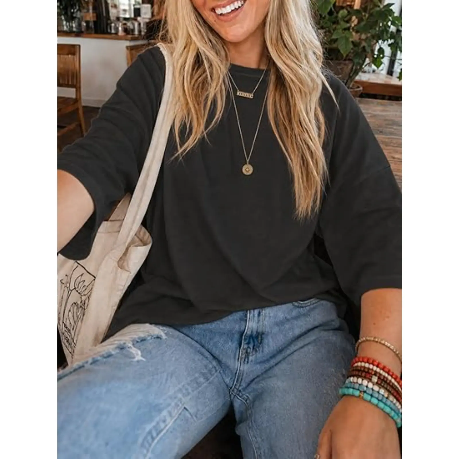 Women's oversized cotton t-shirt fabric detail