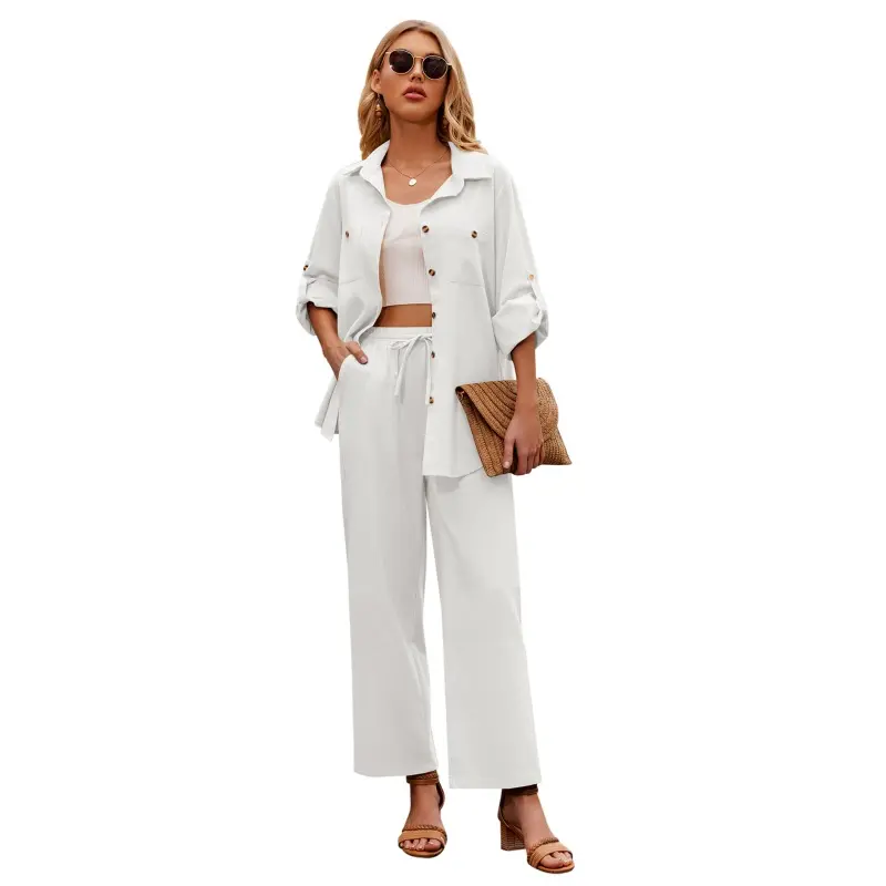 Women's Two-Piece Linen Sets Button-Down Shirt and Drawstring Long Pants Set Summer Outfits