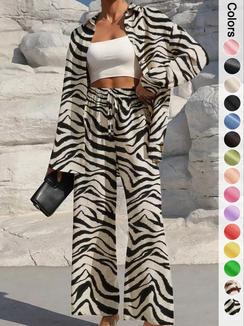 Women's Solid Button Front Shirt & Tie Front Wide Leg Pants Two-Piece Set