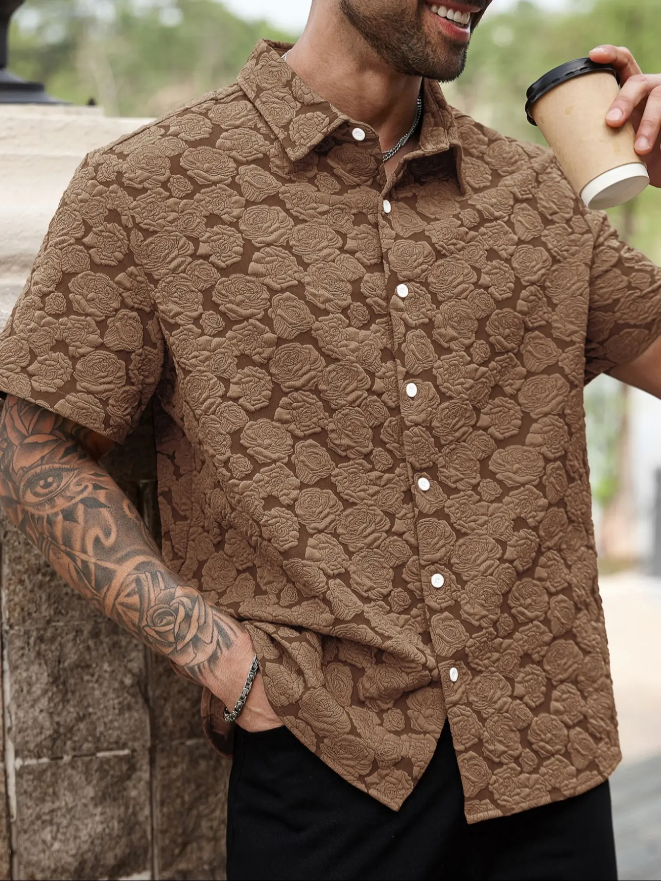 Men's Loose Rose Print Short Sleeve Shirt, Soft Comfy Button Front Collared Top for Summer