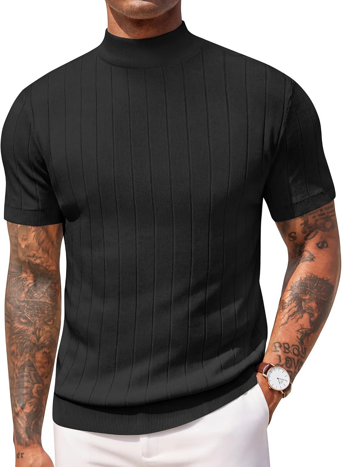 Aurora Base Men's Short Sleeve Mock Turtleneck Ribbed Knit Tee - Black
