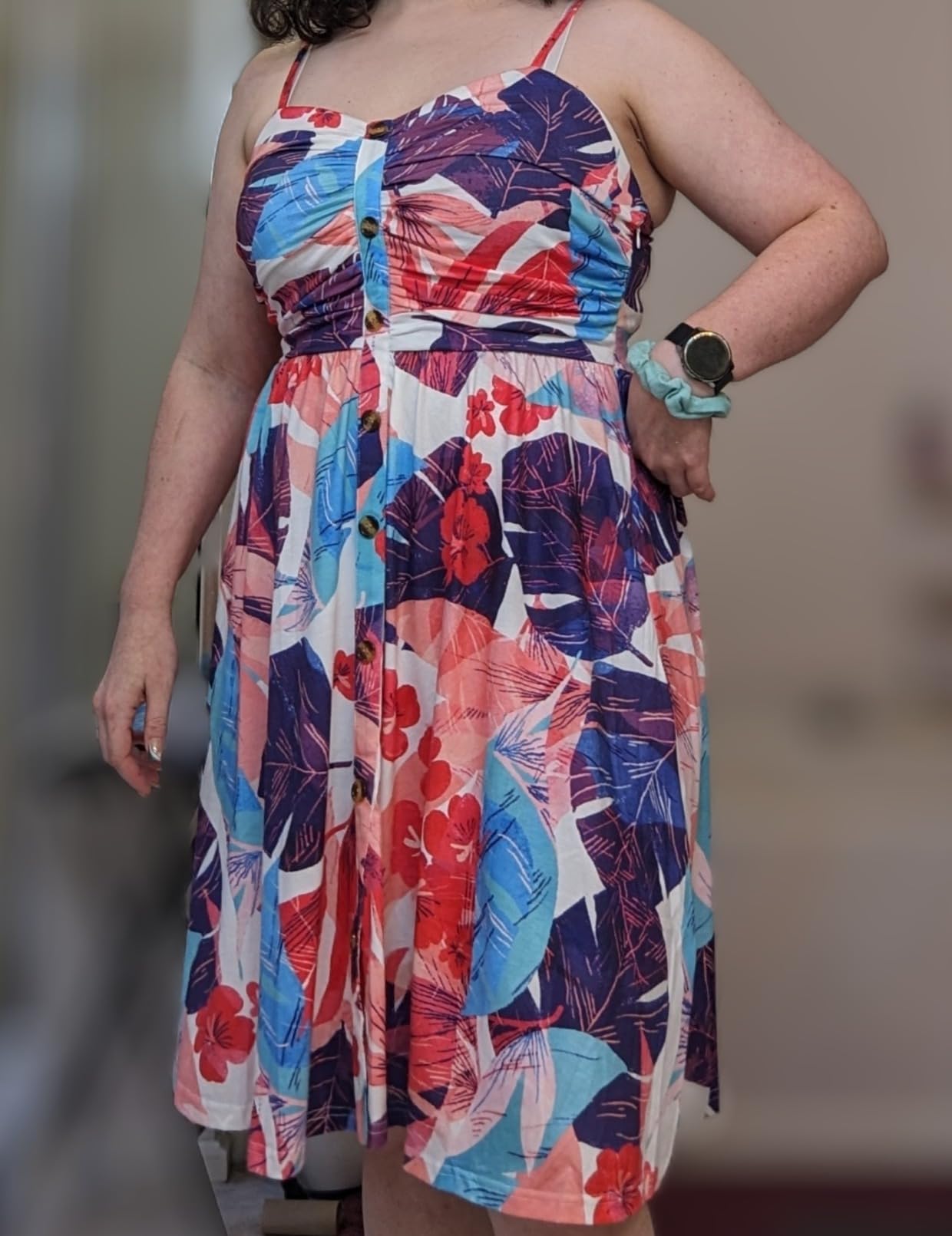 Women's Summer Casual Dress Florals Buttons Down Ruched Sweetheart Neck Sleeveless Midi Sundress detail image 6