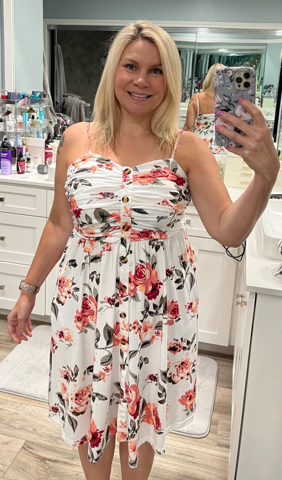 Women's Summer Casual Dress Florals Buttons Down Ruched Sweetheart Neck Sleeveless Midi Sundress detail image 7