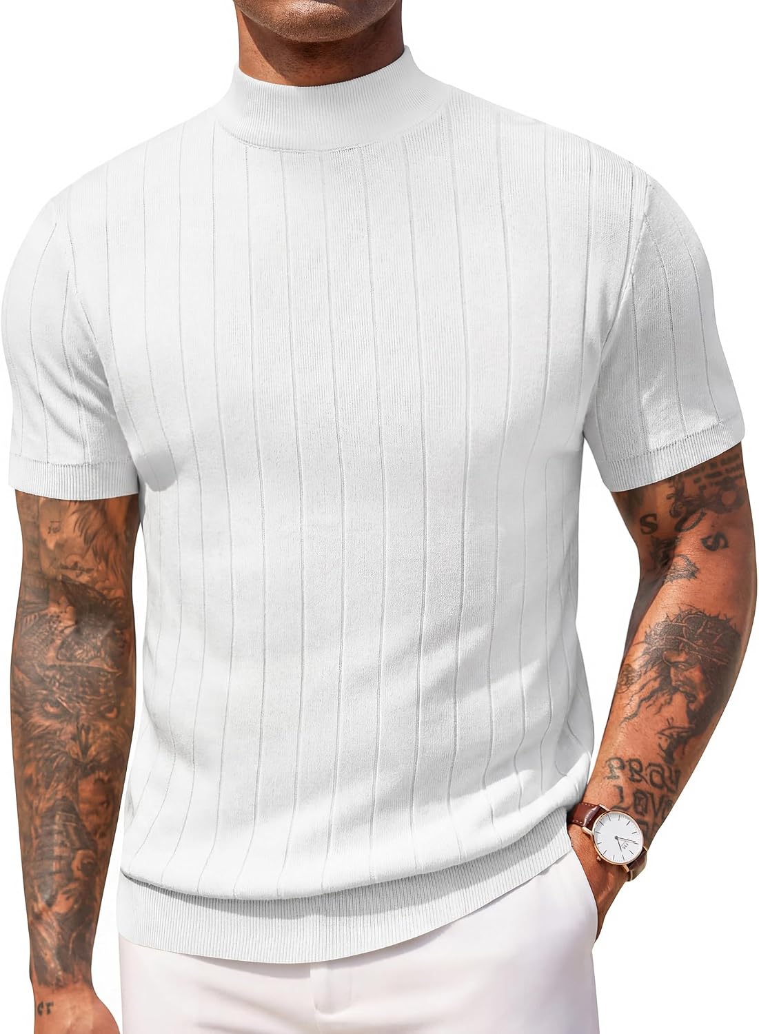 Aurora Base Men's Short Sleeve Mock Turtleneck Ribbed Knit Tee - White