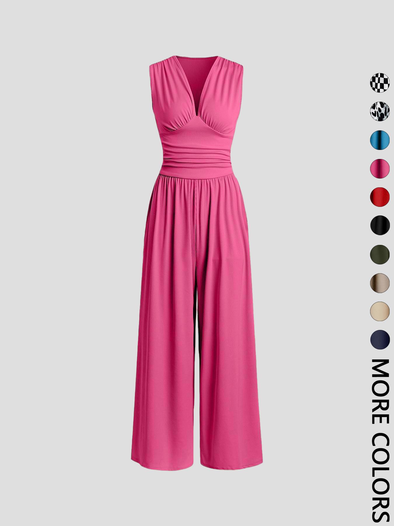 Women's Plain Ruched Deep V Neck Ribbed Fitted Jumpsuit, Elegant Sleeveless Wide Leg Jumpsuit for Summer, Ladies Clothes for Beach Holiday Vacation