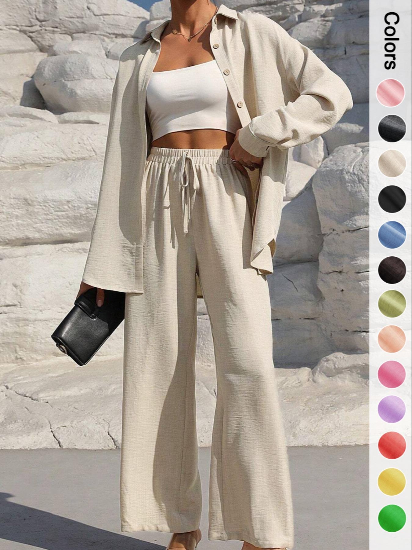 Women's Solid Button Front Shirt & Tie Front Wide Leg Pants Two-piece Set, Casual Drop Shoulder Long Sleeve Top & Trousers 2 Piece Set for Spring & Fall, Women's Clothes for Daily Wear, Loose Pant Sets, Casual Outfits Women