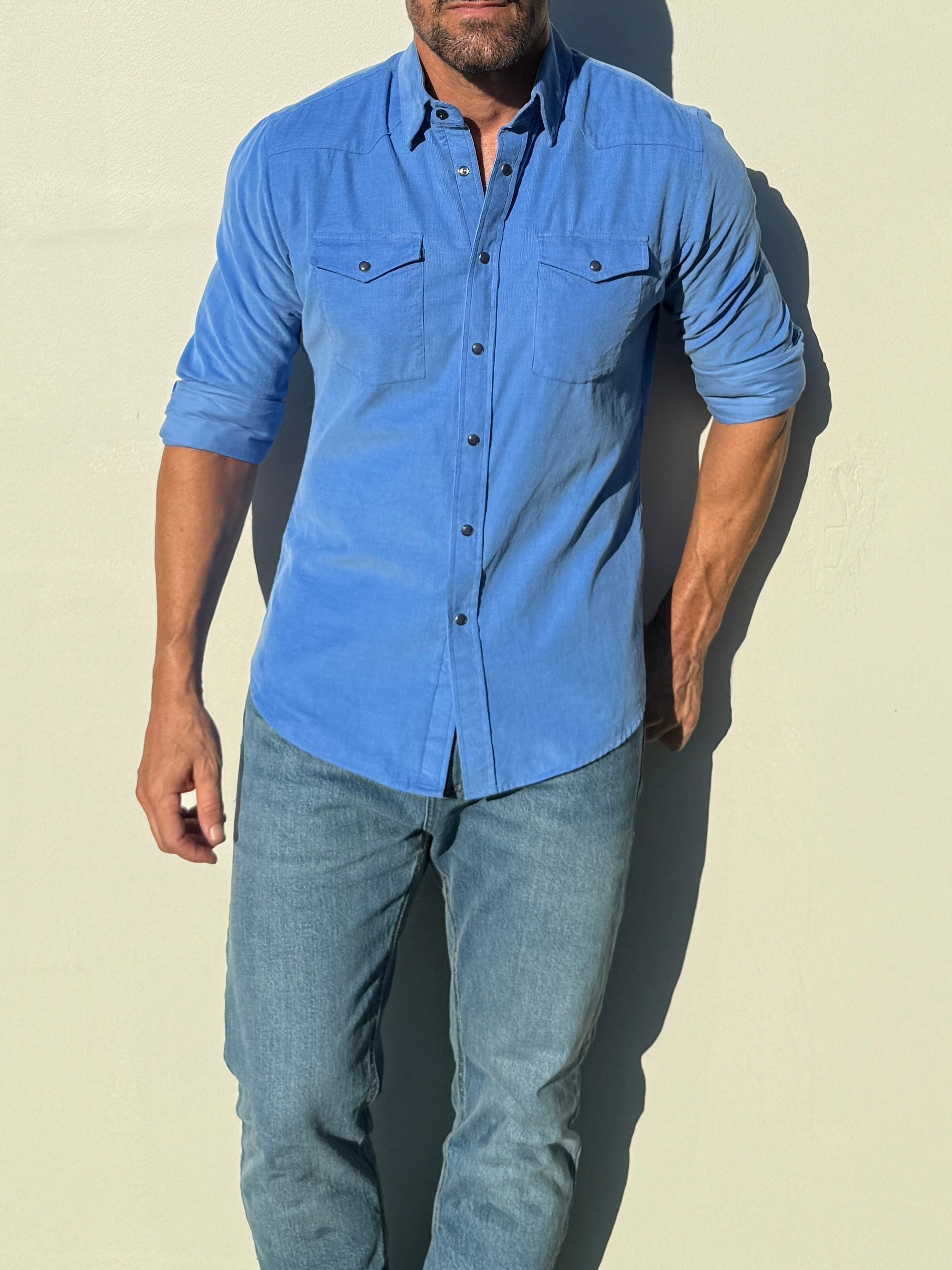 Aurora Base men's corduroy western shirt in bright sky blue view 1