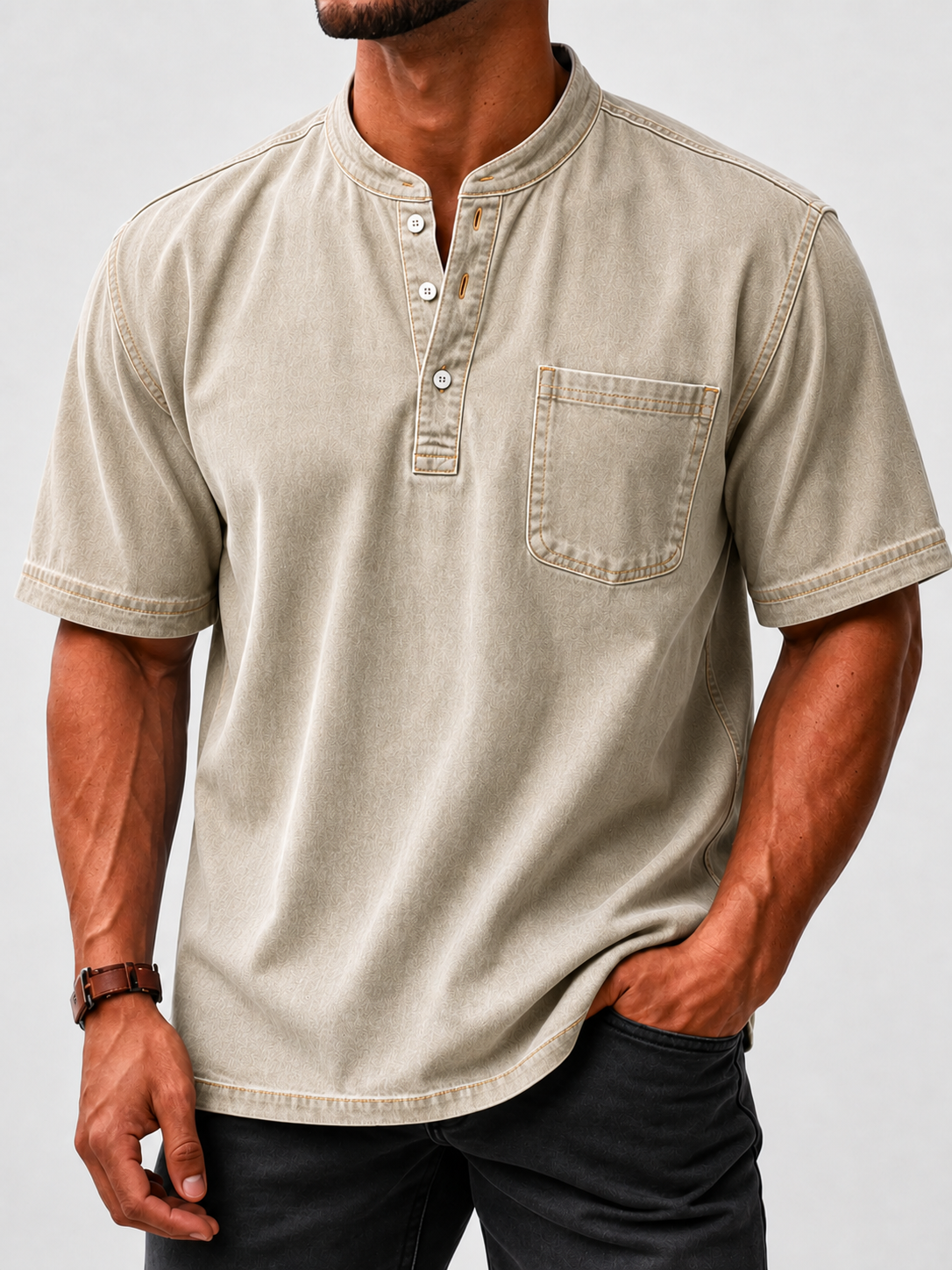 8-Piece Men's Washed Stand Collar Henley Shirts, Short Sleeve Relaxed Fit Pocket Tops