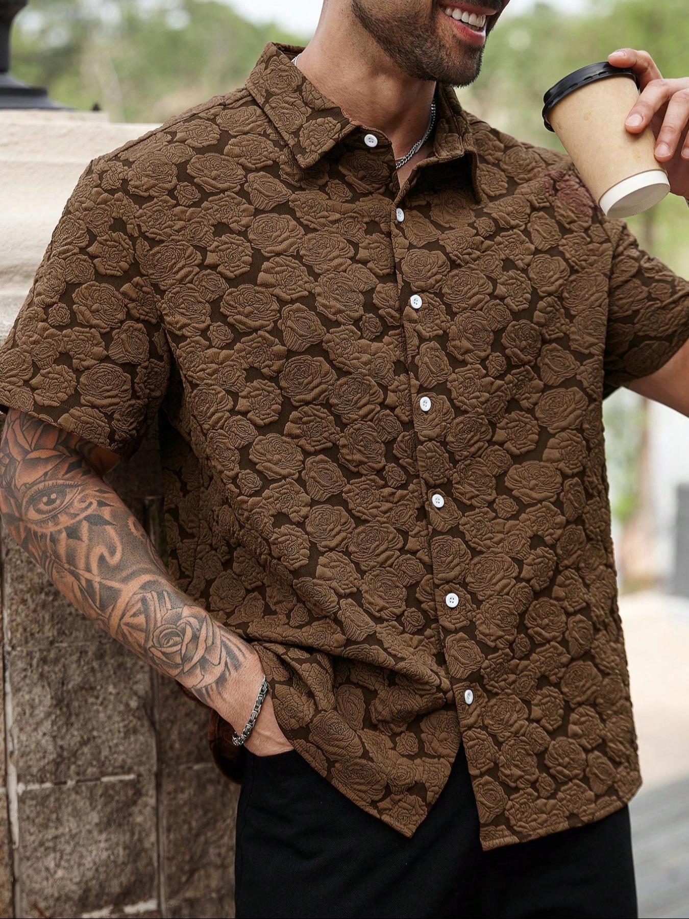 Men's Loose Rose Print Short Sleeve Shirt, Soft Comfy Button Front Collared Top for Summer, Men's Clothes for Daily Wear, Casual Menswear
