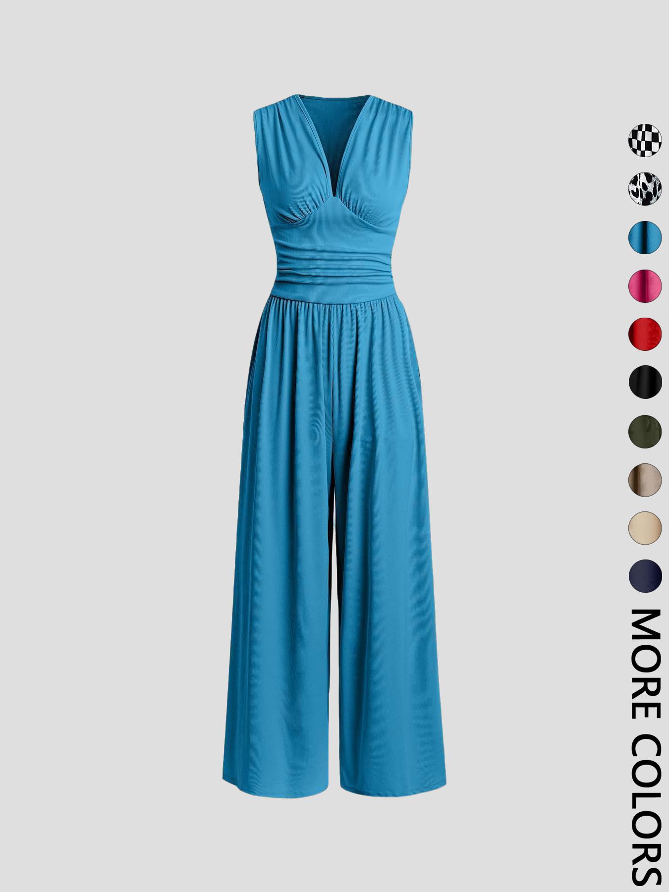 Women's Plain Ruched Deep V Neck Ribbed Fitted Jumpsuit, Elegant Sleeveless Wide Leg Jumpsuit for Summer, Ladies Clothes for Beach Holiday Vacation