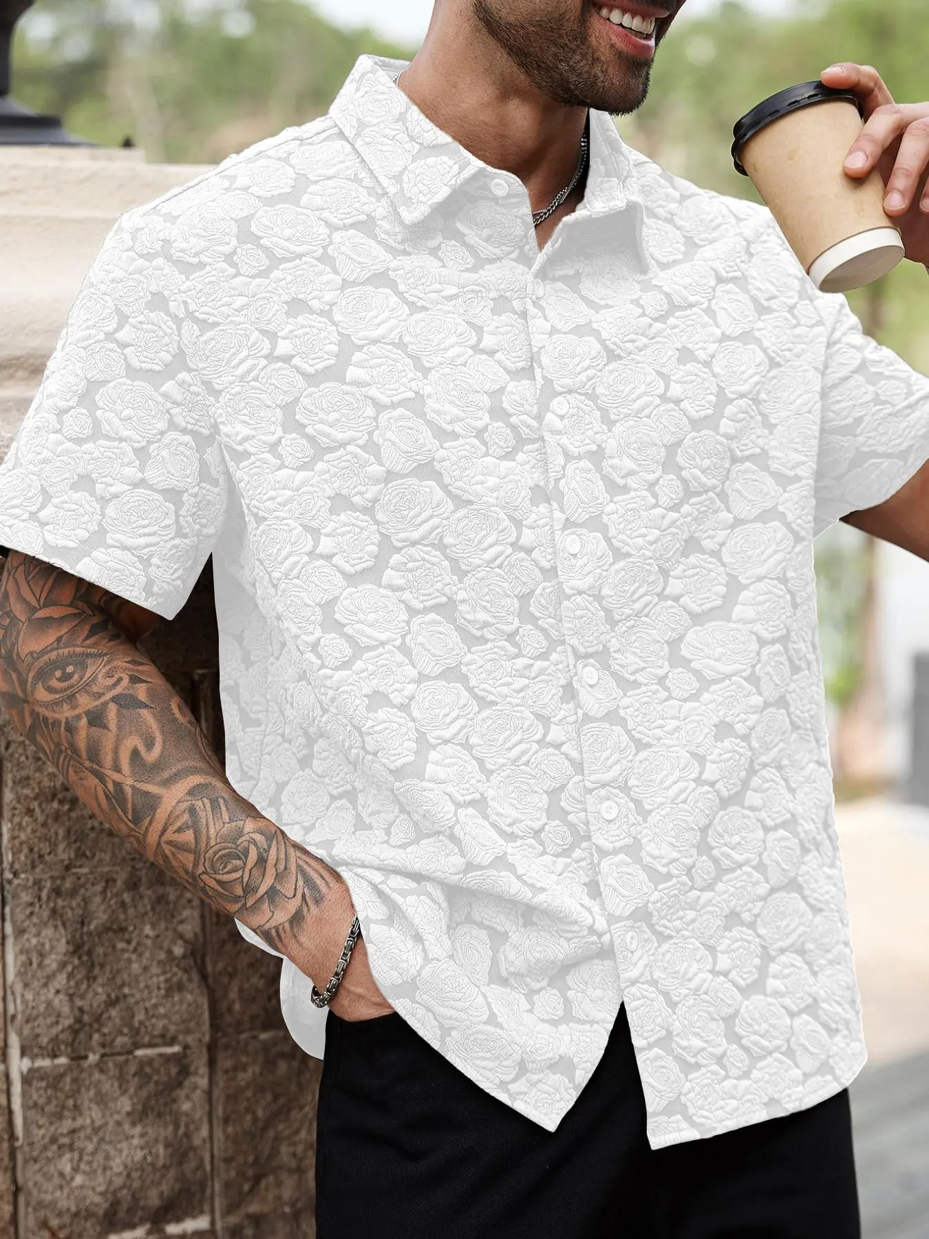 Men's Loose Rose Print Short Sleeve Shirt, Soft Comfy Button Front Collared Top for Summer