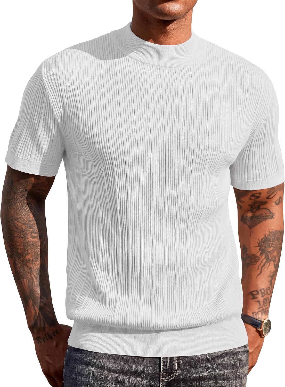 Aurora Base Men's Short Sleeve Mock Turtleneck Ribbed Knit Tee - White Stripe Pattern 5