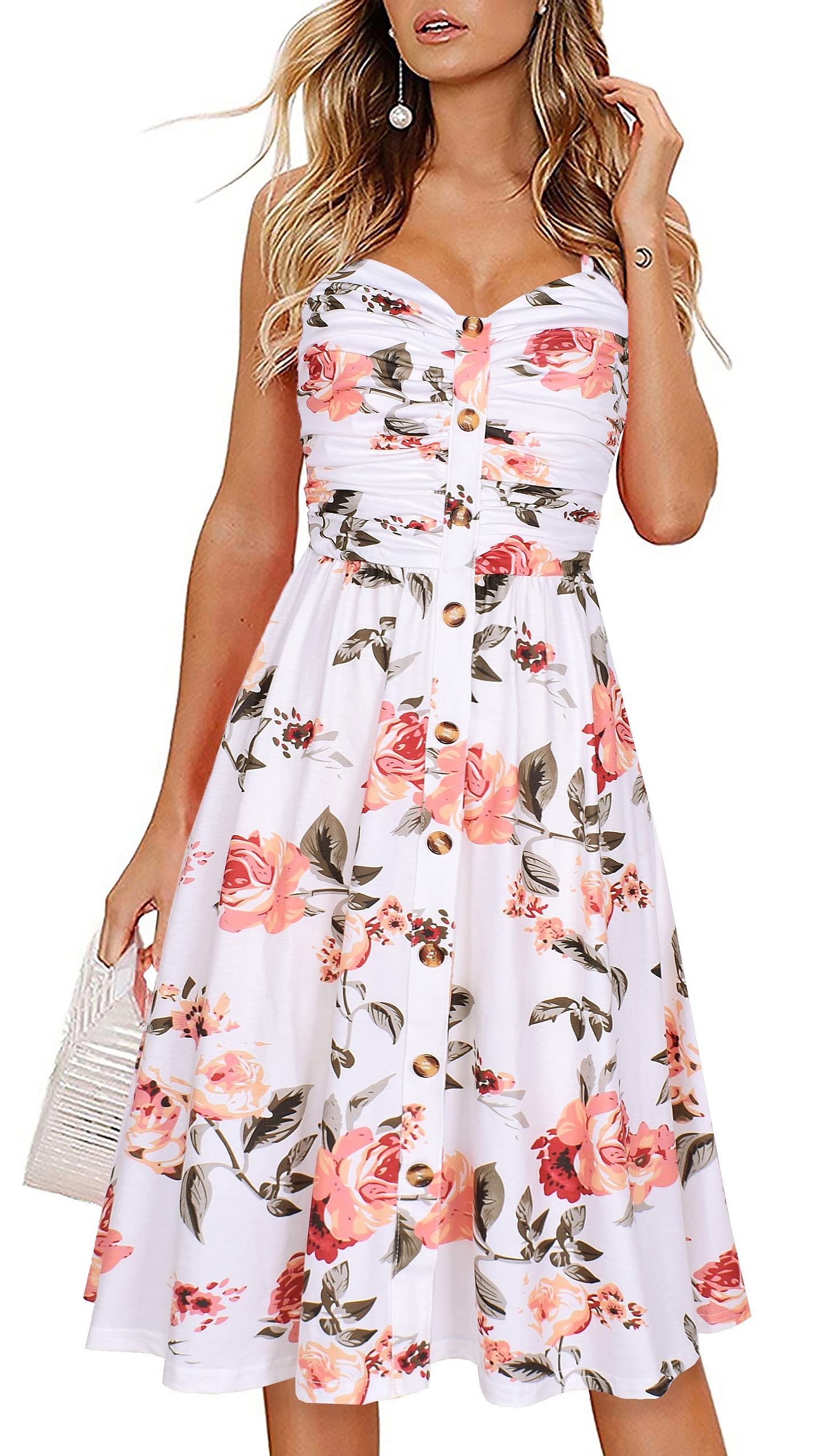 Women's Summer Casual Dress Florals Buttons Down Ruched Sweetheart Neck Sleeveless Midi Sundress gallery image 16