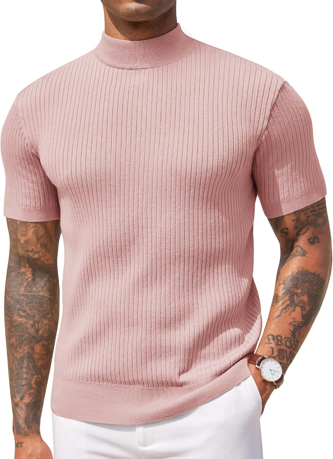 Aurora Base Men's Short Sleeve Mock Turtleneck Ribbed Knit Tee - Pink