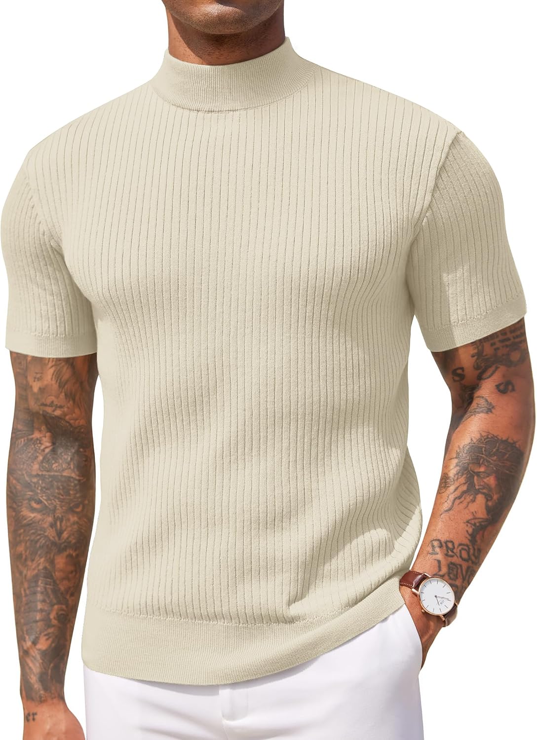 Aurora Base Men's Short Sleeve Mock Turtleneck Ribbed Knit Tee - Apricot