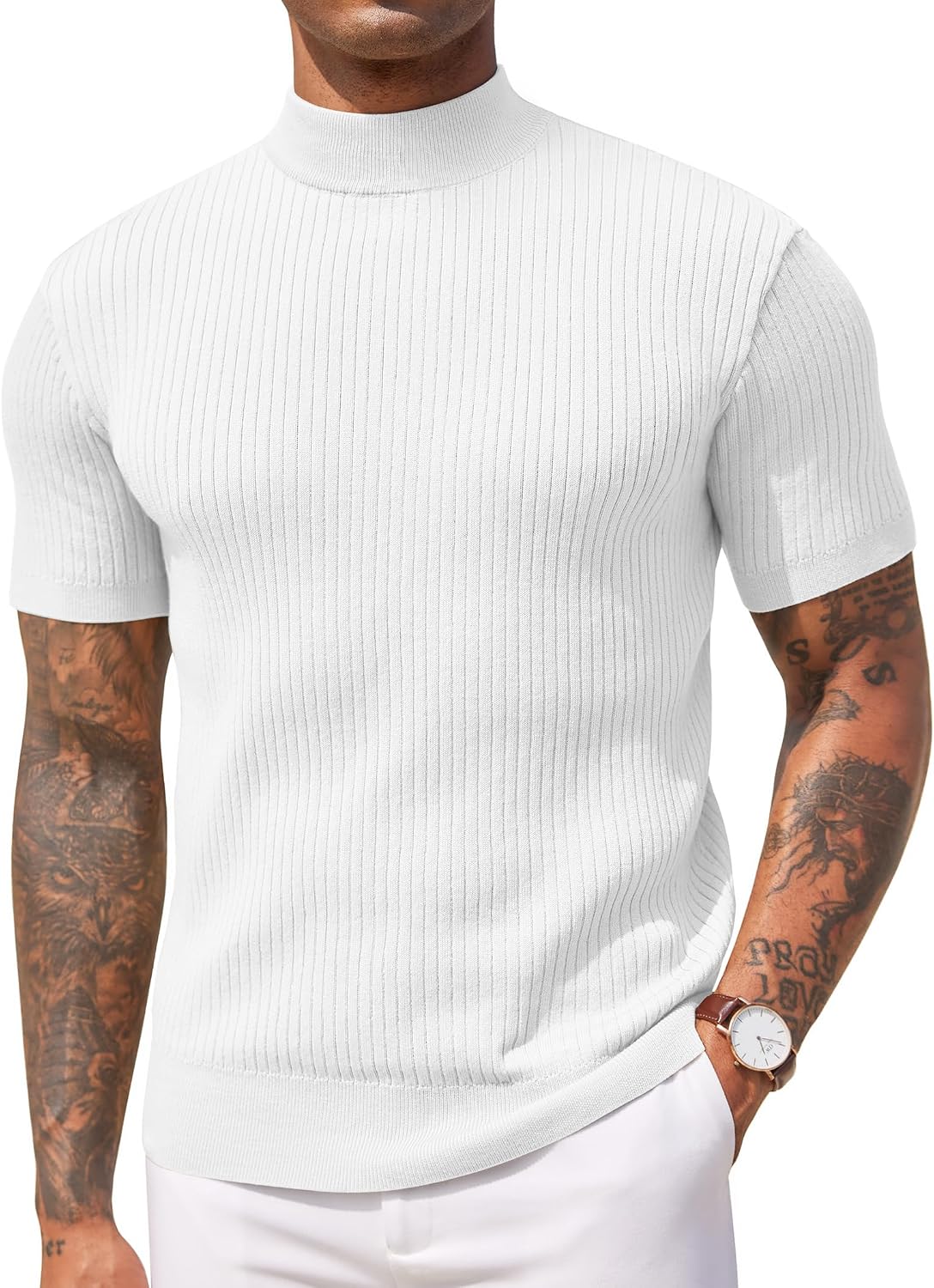 Aurora Base Men's Short Sleeve Mock Turtleneck Ribbed Knit Tee - White Stripe Pattern 2