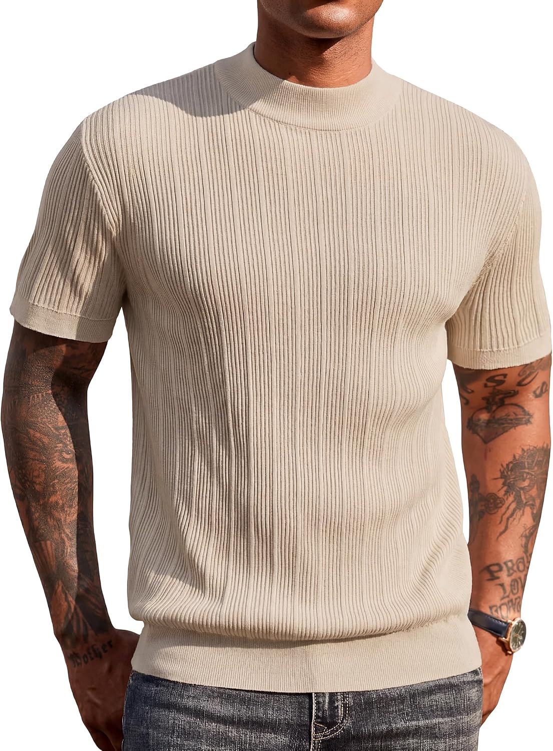 Aurora Base Men's Short Sleeve Mock Turtleneck Ribbed Knit Tee - Beige Stripe