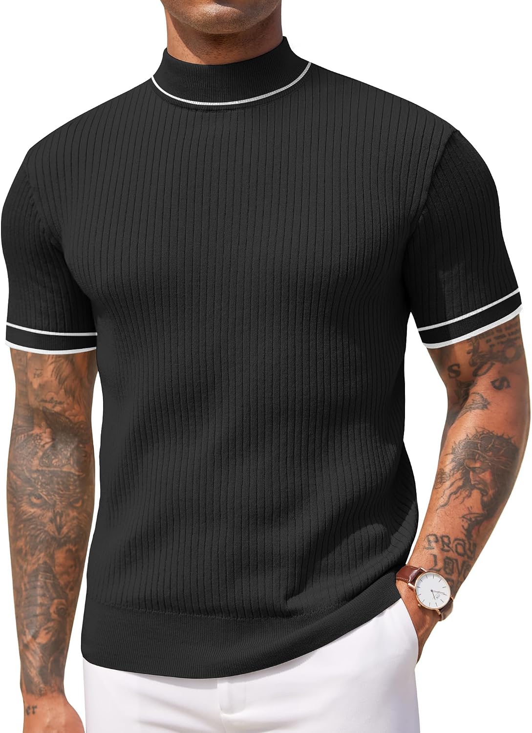 Aurora Base Men's Short Sleeve Mock Turtleneck Ribbed Knit Tee - Black Stripe