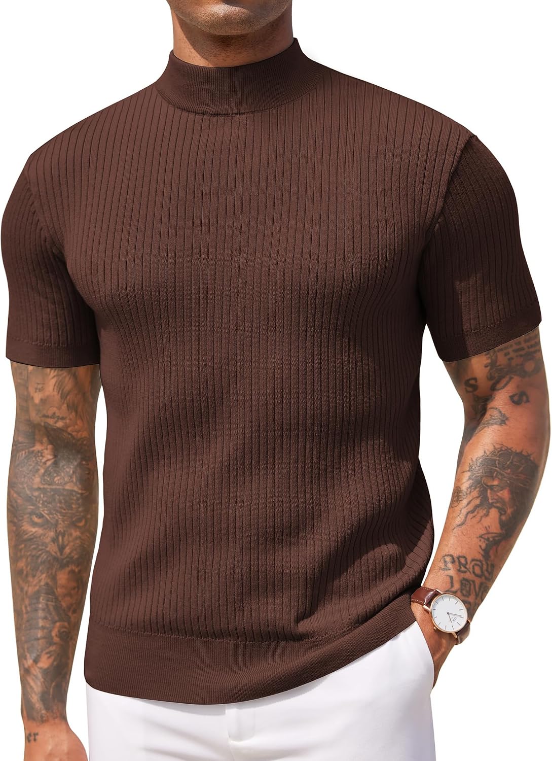 Aurora Base Men's Short Sleeve Mock Turtleneck Ribbed Knit Tee - Brown