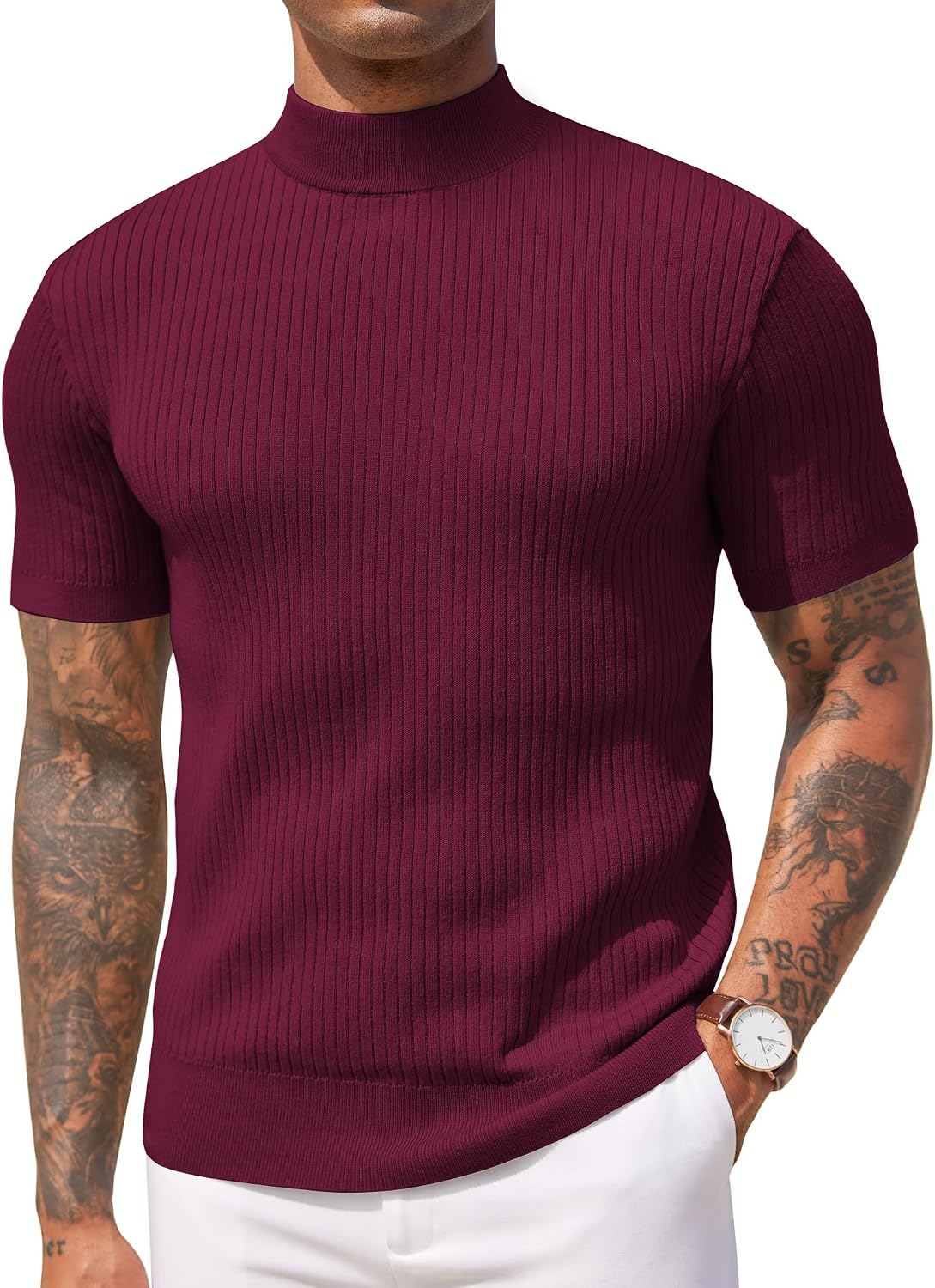 Aurora Base Men's Short Sleeve Mock Turtleneck Ribbed Knit Tee - Wine Red