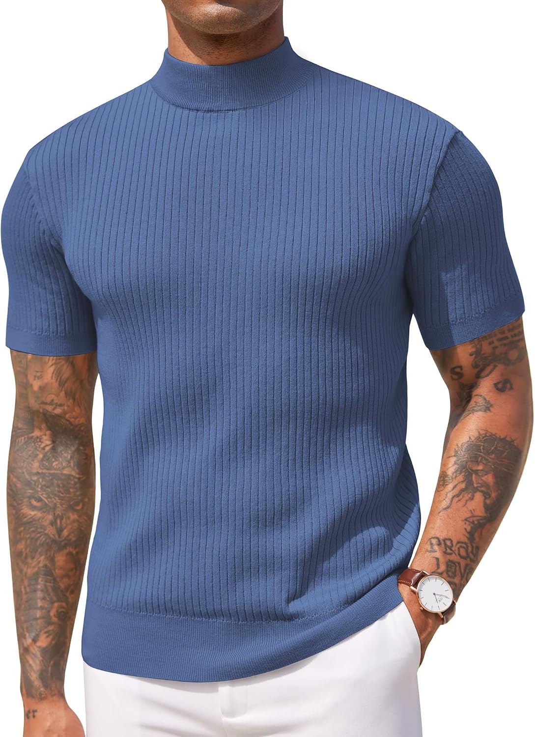 Aurora Base Men's Short Sleeve Mock Turtleneck Ribbed Knit Tee - Grey Blue