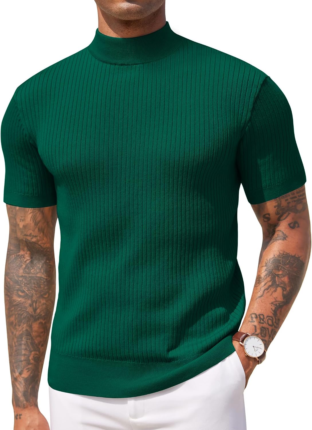 Aurora Base Men's Short Sleeve Mock Turtleneck Ribbed Knit Tee - Dark Green