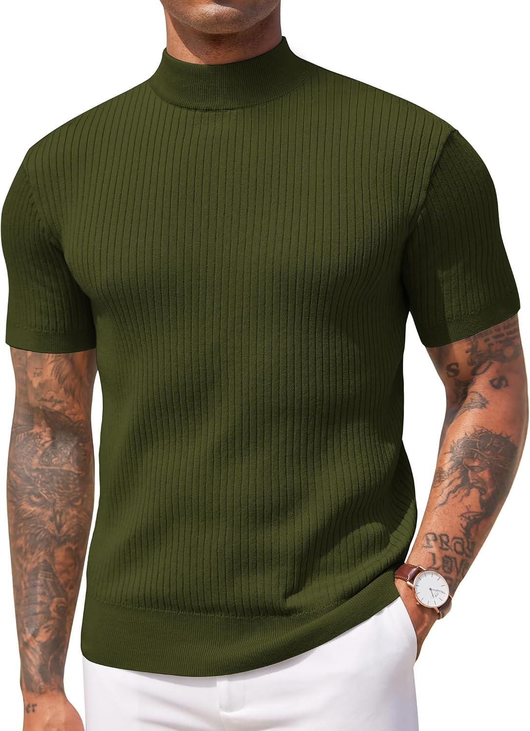 Aurora Base Men's Short Sleeve Mock Turtleneck Ribbed Knit Tee - Army Green