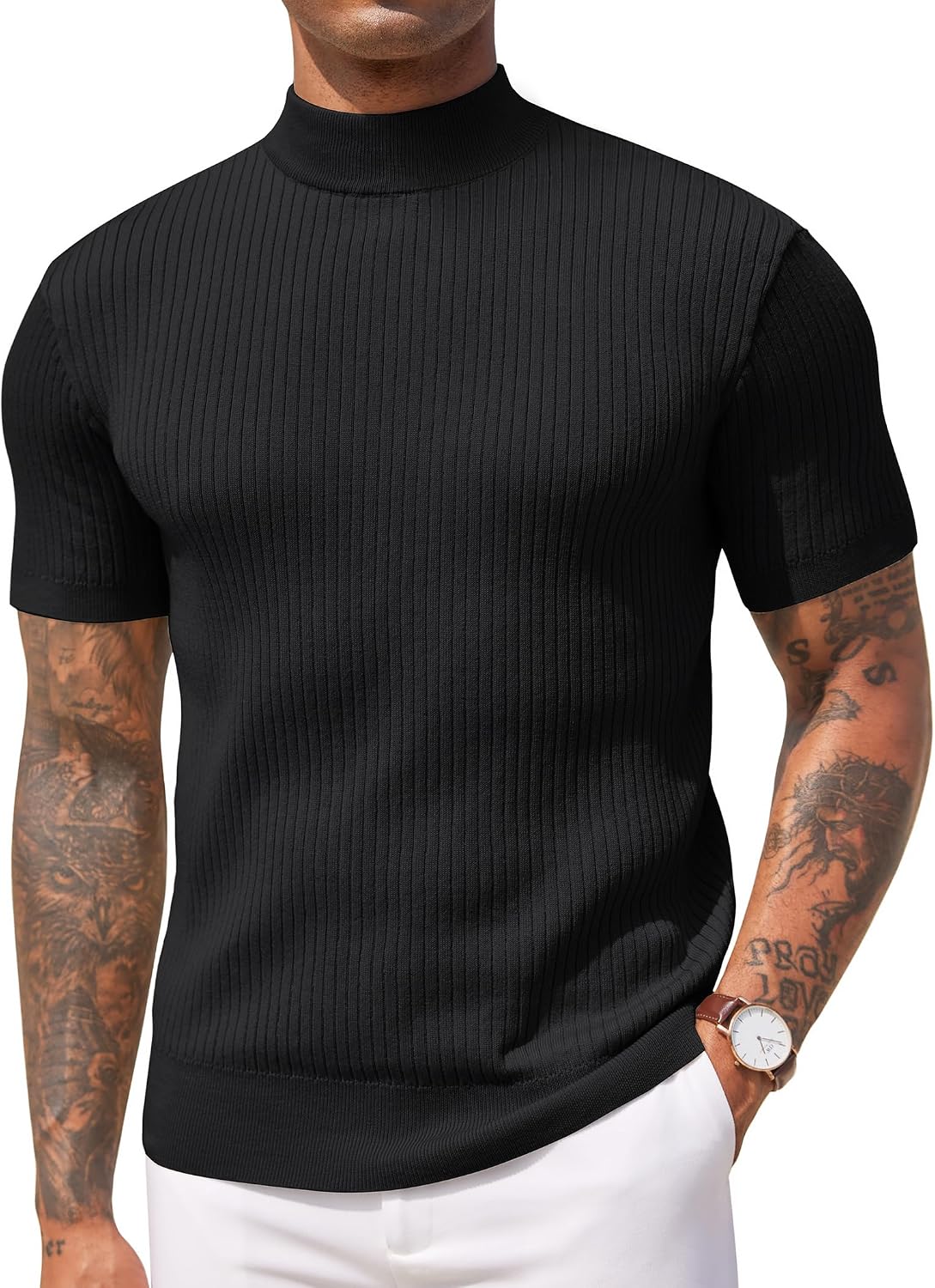 Aurora Base Men's Short Sleeve Mock Turtleneck Ribbed Knit Tee - Black Stripe Pattern 4