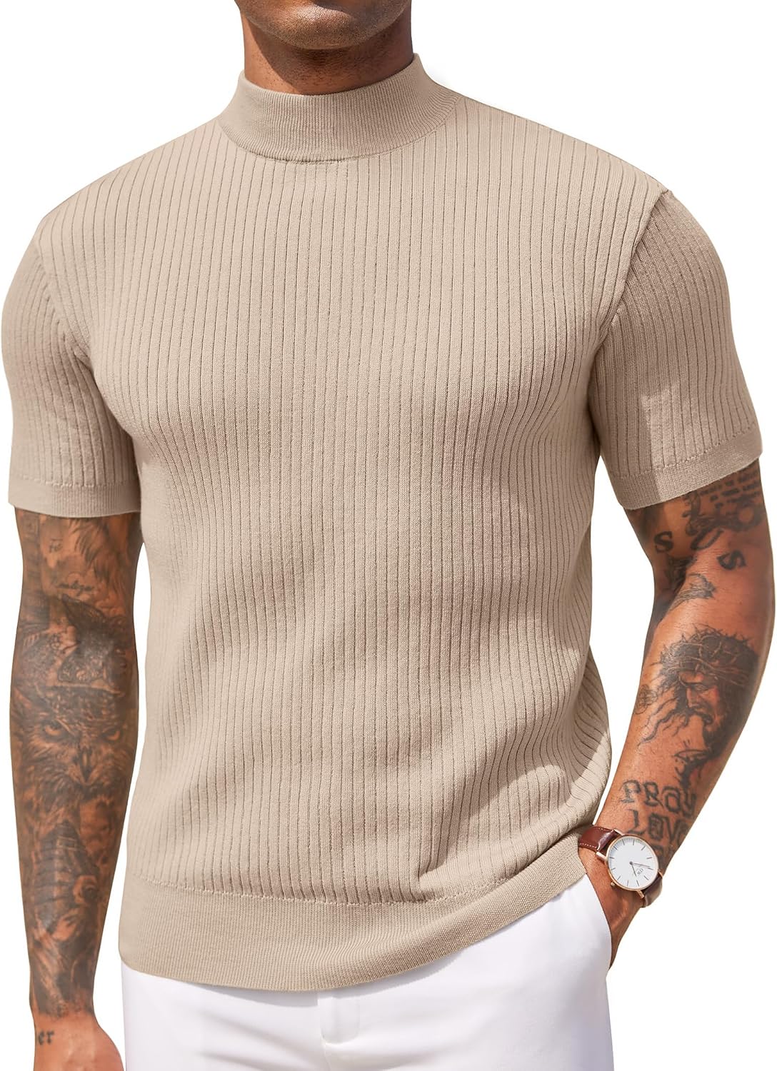 Aurora Base Men's Short Sleeve Mock Turtleneck Ribbed Knit Tee - Beige