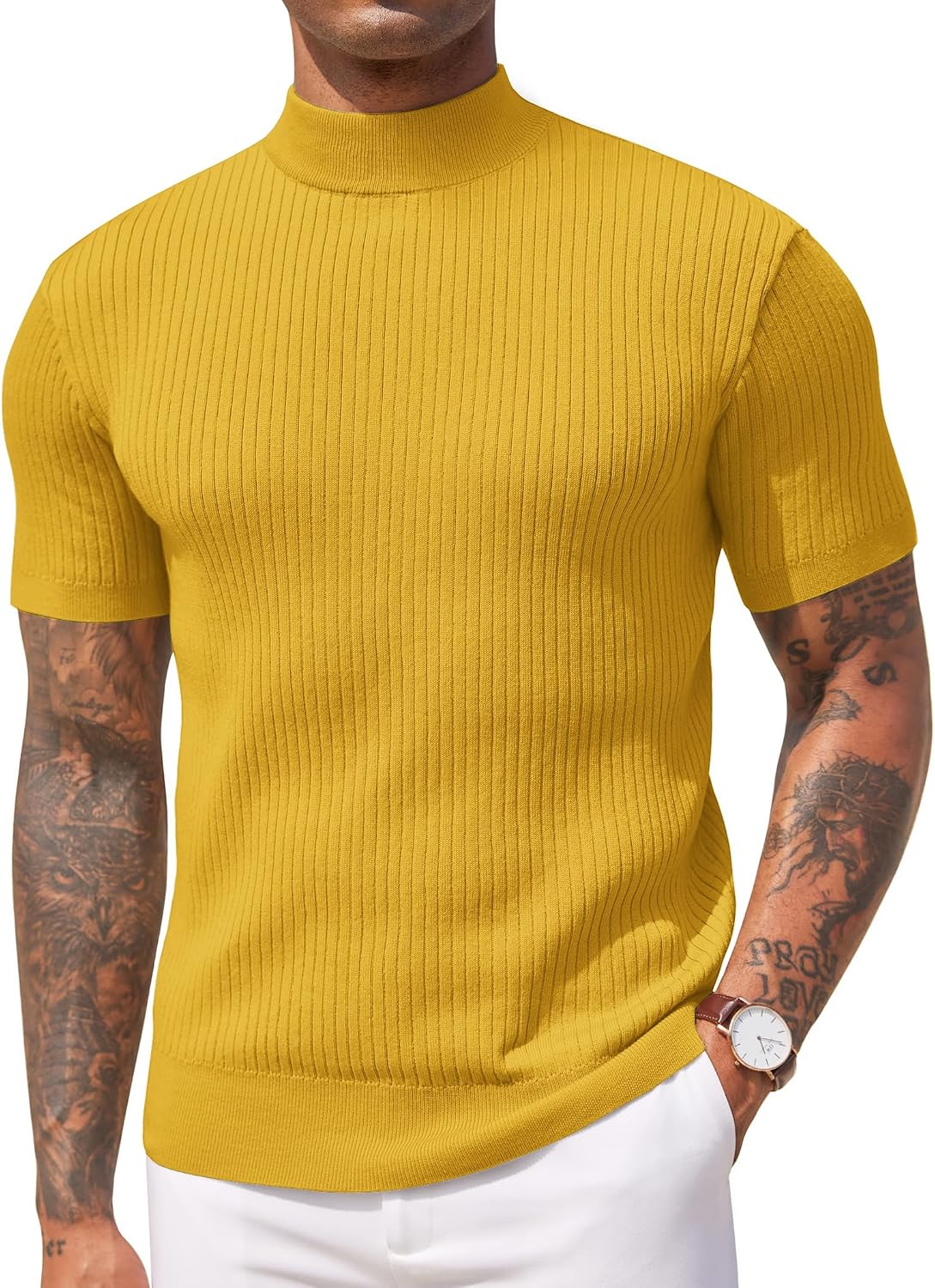 Aurora Base Men's Short Sleeve Mock Turtleneck Ribbed Knit Tee - Yellow