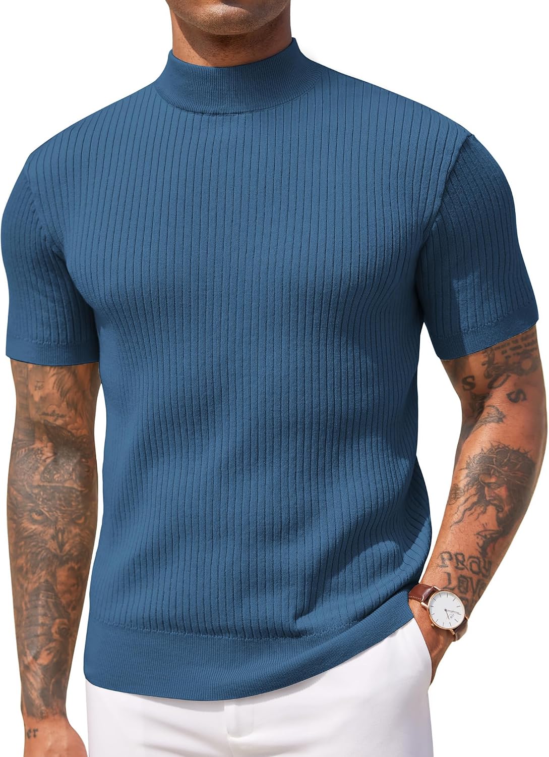 Aurora Base Men's Short Sleeve Mock Turtleneck Ribbed Knit Tee - Dark Blue