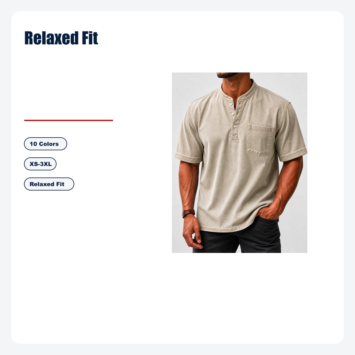8-Piece Men's Washed Stand Collar Henley Shirts, Short Sleeve Relaxed Fit Pocket Tops - Relaxed Fit