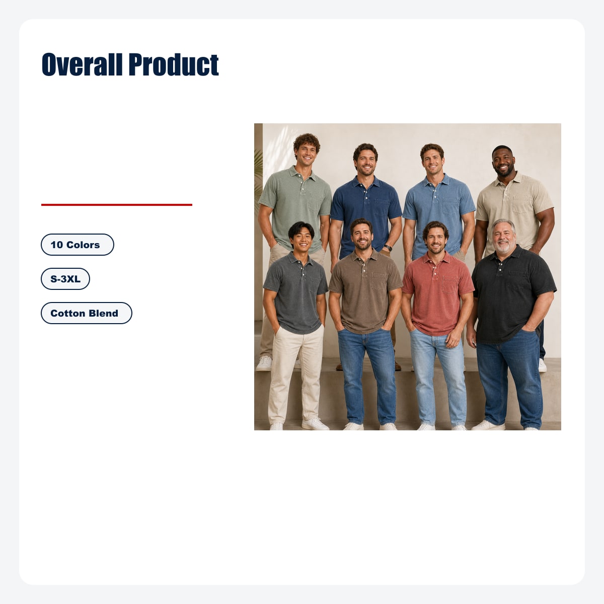 8-Piece Men's Washed Cotton Blend Pocket Polo Shirts, Lightweight Breathable 3-Button Relaxed Fit - Overall Product