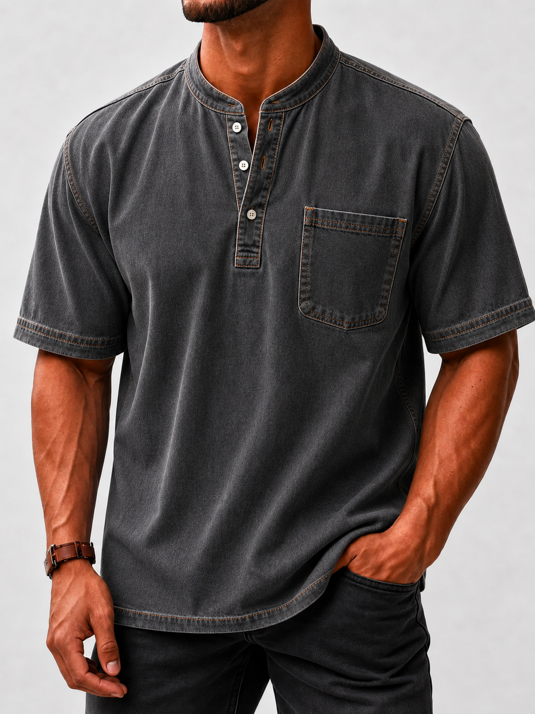 8-Piece Men's Washed Stand Collar Henley Shirts, Short Sleeve Relaxed Fit Pocket Tops