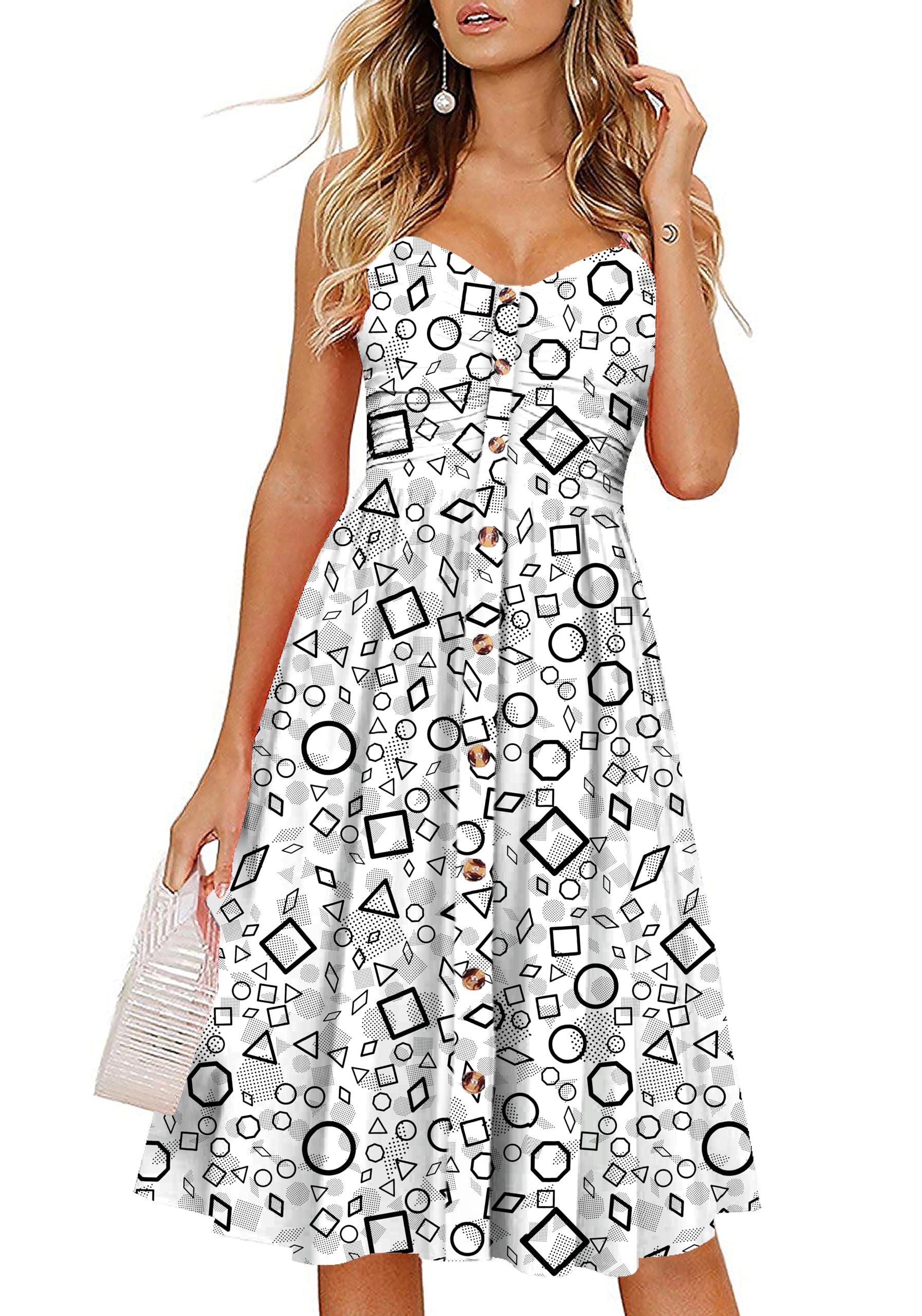 Women's Summer Casual Dress Florals Buttons Down Ruched Sweetheart Neck Sleeveless Midi Sundress gallery image 10