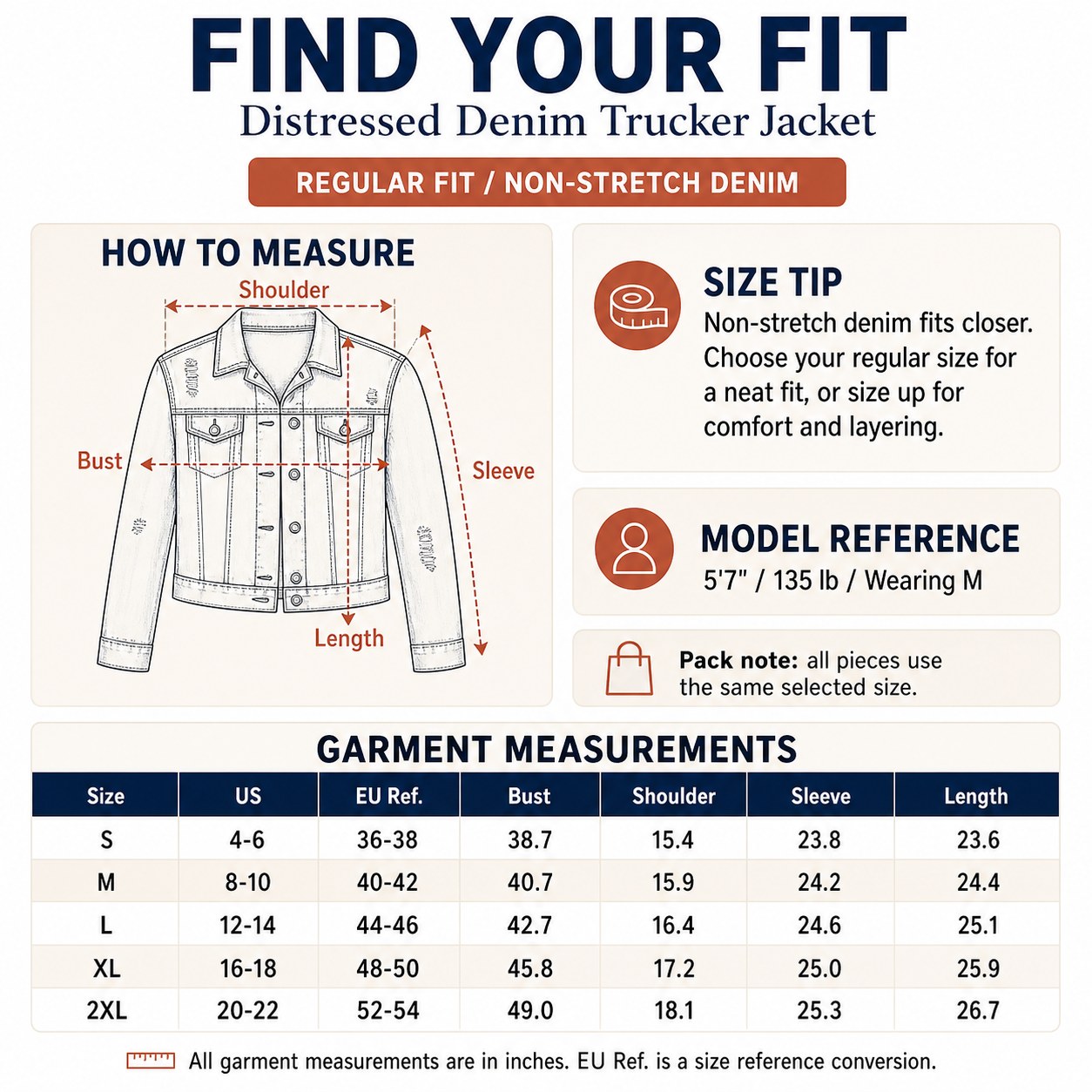 Women's Distressed Denim Jacket Multi-Piece Sets PRODUCT SIZE GUIDE product size guide
