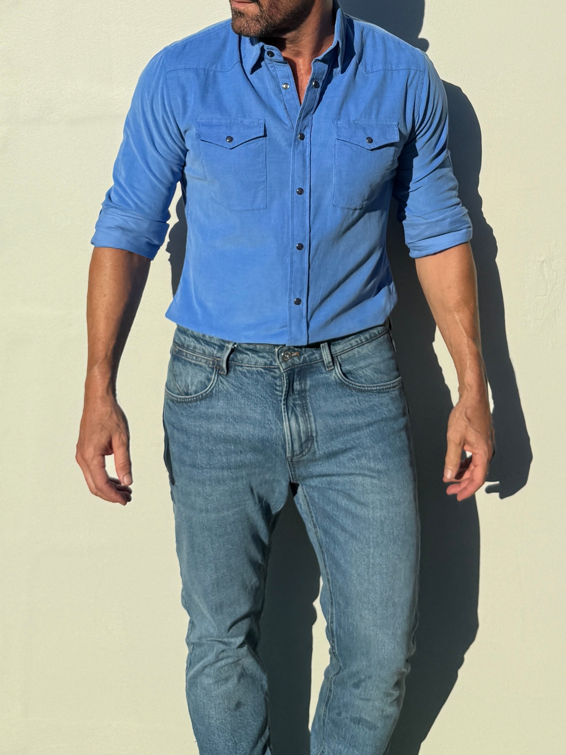 Aurora Base men's corduroy western shirt in bright sky blue view 2