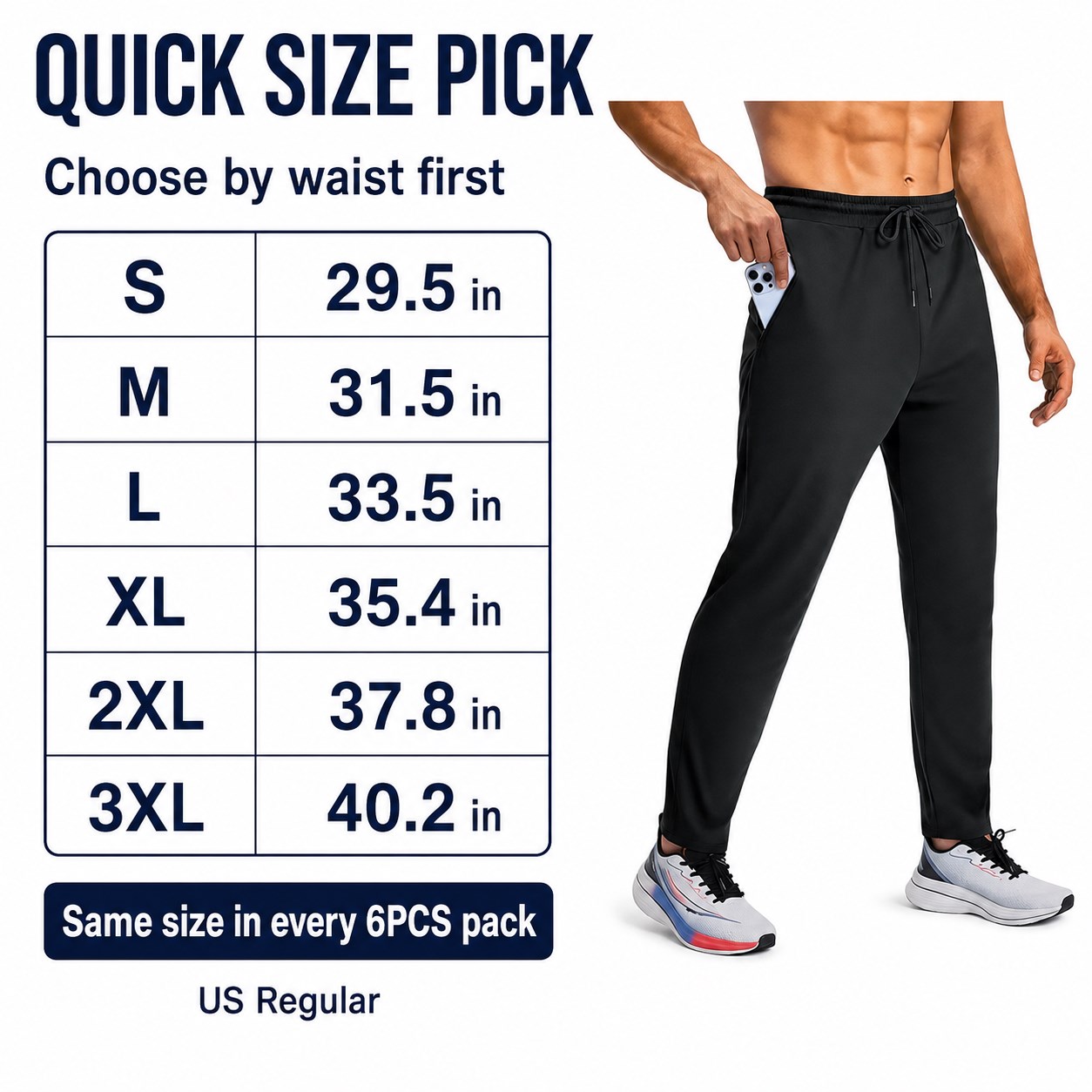 Men's Zip Pocket Joggers 6PCS Pack quick size guide