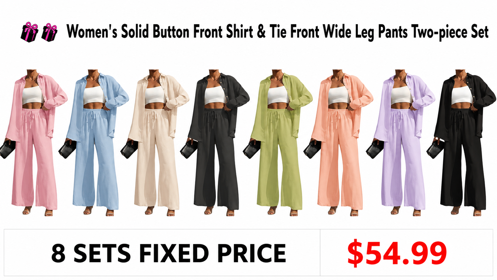 Women's Solid Button Front Shirt & Tie Front Wide Leg Pants Two-Piece Set