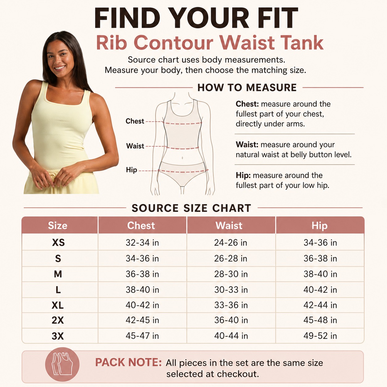 Rib Contour Waist Tank Top product size guide source body measurement imagegen