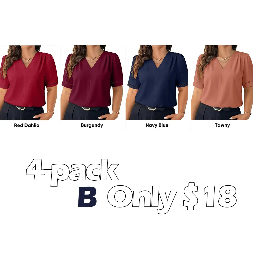 Dressy Casual Pleated V-Neck Short Sleeve Business Work Office Blouses Shirts (1X-5X)