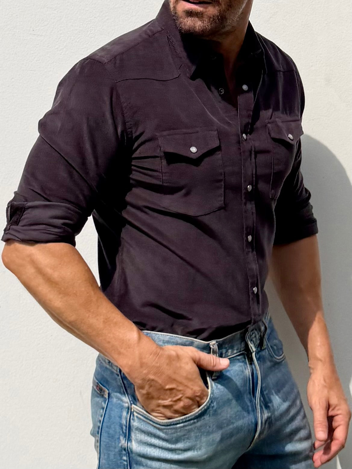 Aurora Base men's corduroy western shirt in dark brown view 8