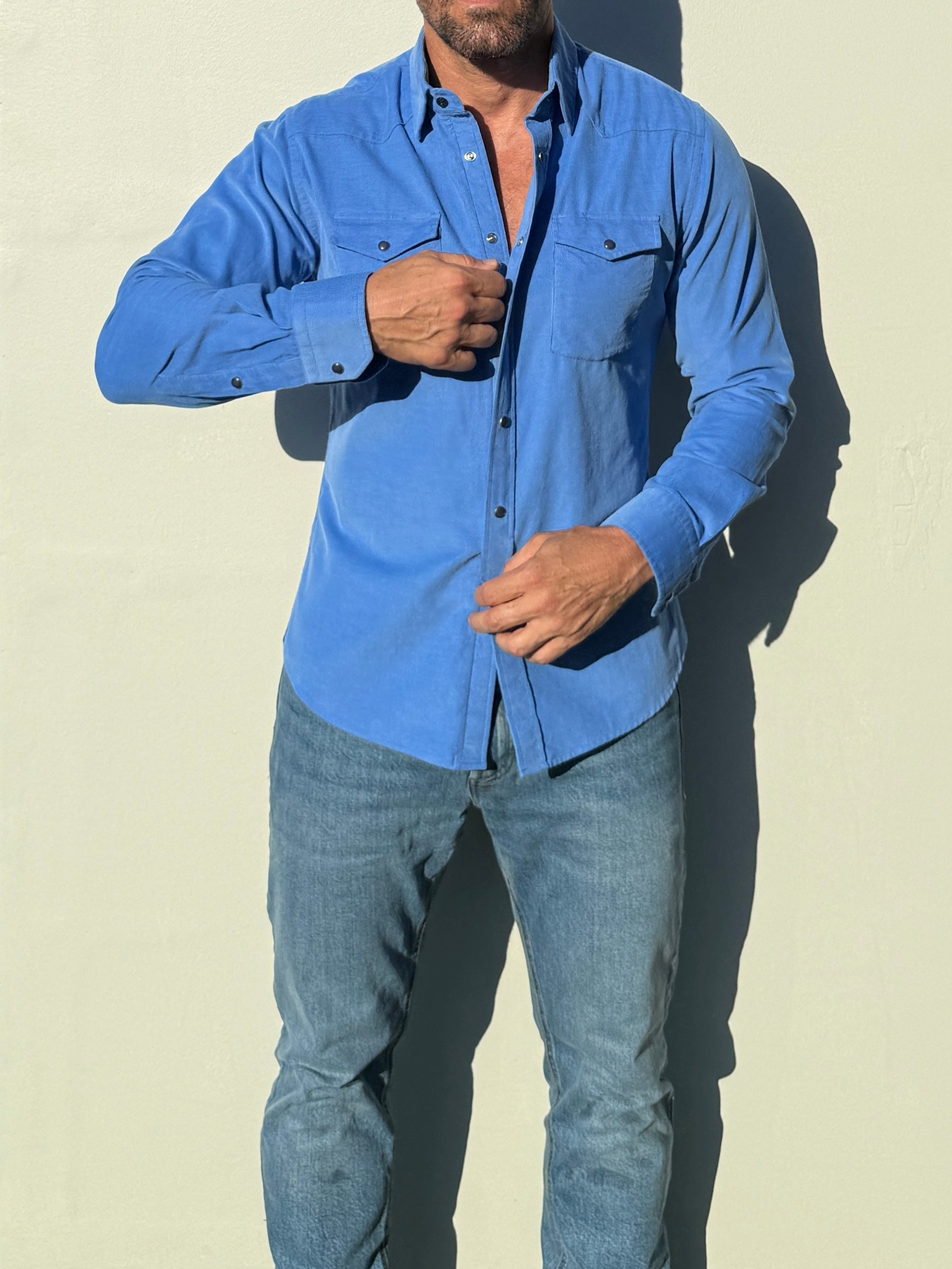 Aurora Base men's corduroy western shirt in bright sky blue view 8