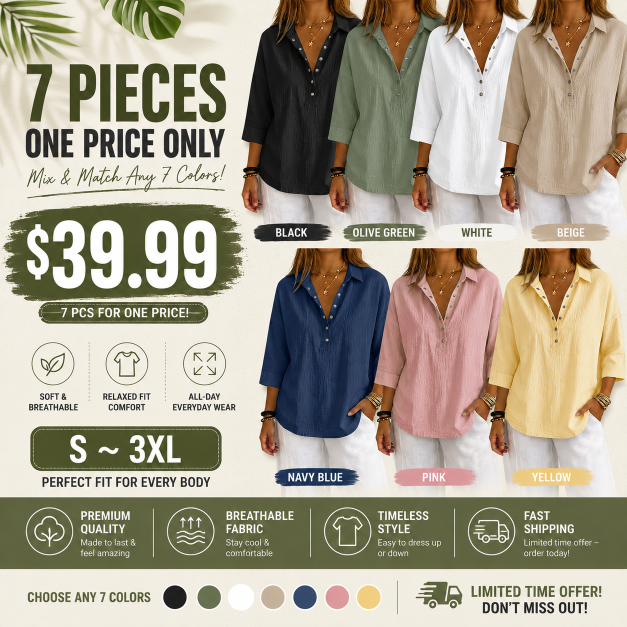 Aurora Base Women's Casual Cotton Linen 3/4 Sleeve Henley Shirt color and size guide