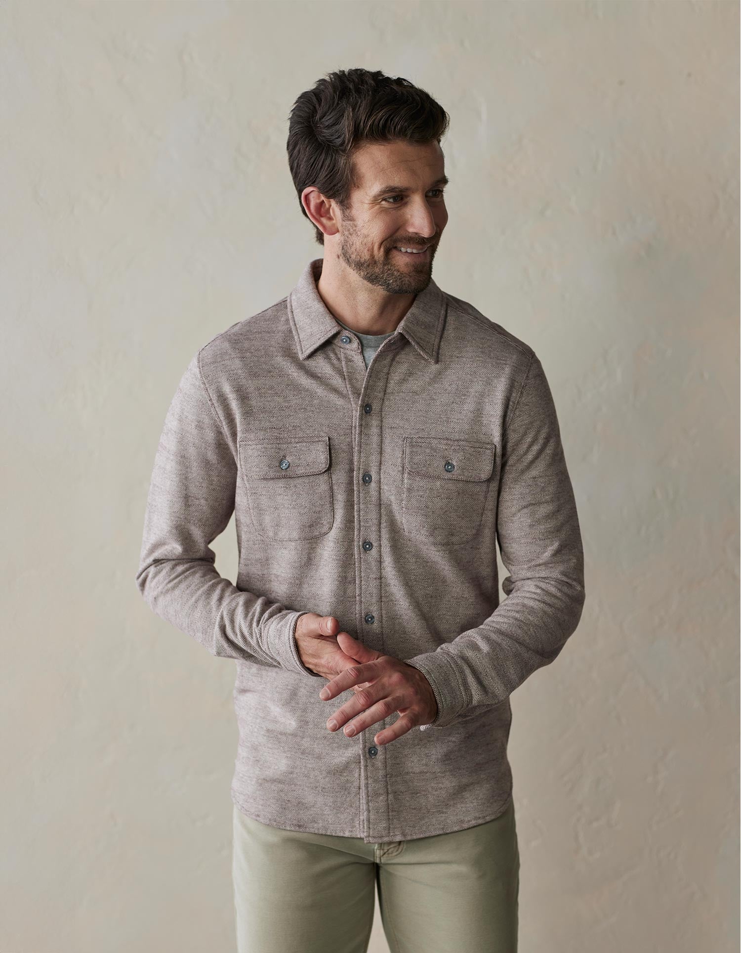 Aurora Base Men's Textured Knit Shirt - Desert Taupe front wearing view